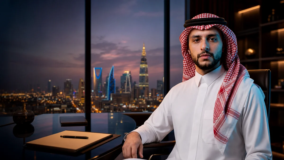 محمود العوضي بالزي السعودي في مكتب فاخر بالرياض